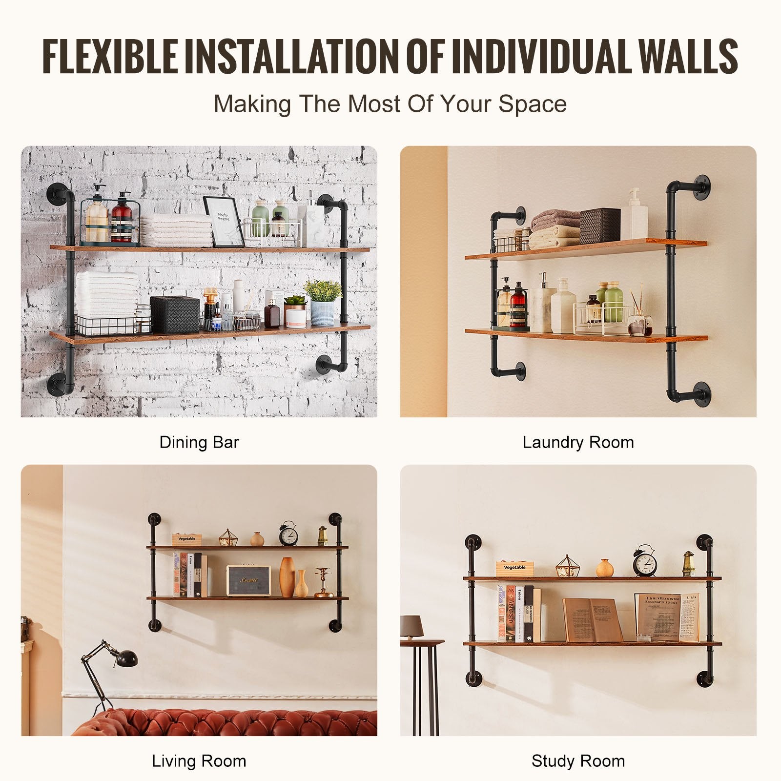 Industrial Pipe Shelf 2 Tier 48x 9.84in Wall-Mount for Kitchen Bedroom V952-JSGZWJYGHMBHUPSZIV0