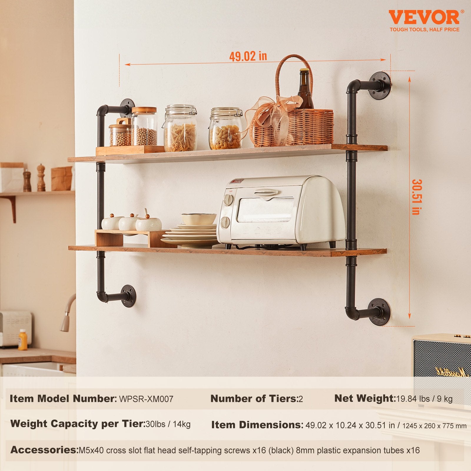 Industrial Pipe Shelf 2 Tier 48x 9.84in Wall-Mount for Kitchen Bedroom V952-JSGZWJYGHMBHUPSZIV0