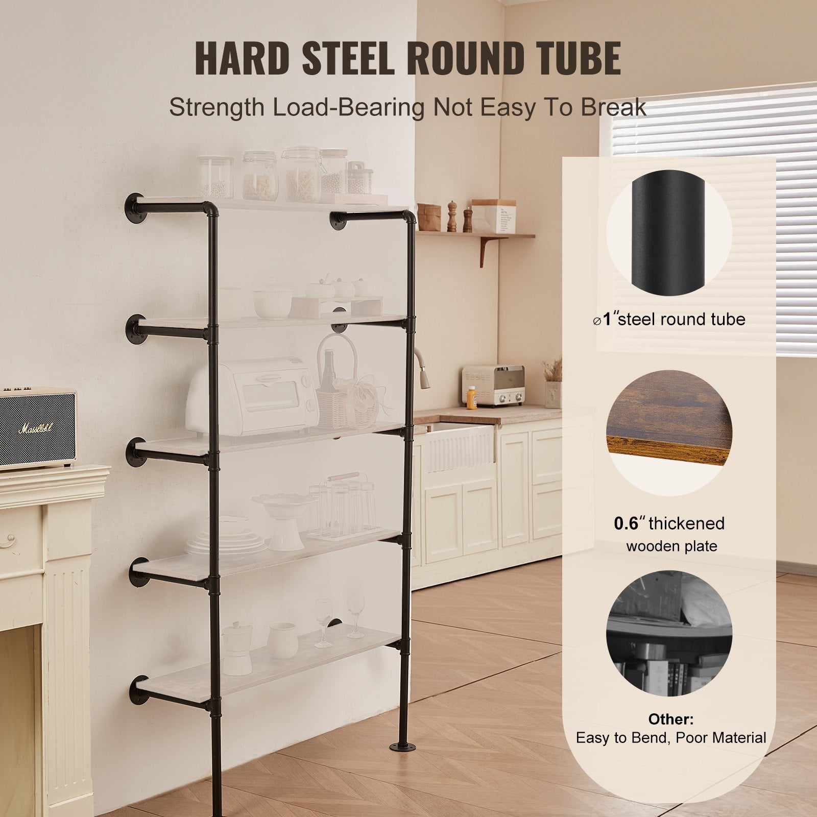 Industrial Pipe Shelf, 5 Tier 2PCS, 9.84in Applicable Board Width Wall-Mount Floating Rustic Wood Shelves V952-JSGZWJYGWMBHN3J8IV0