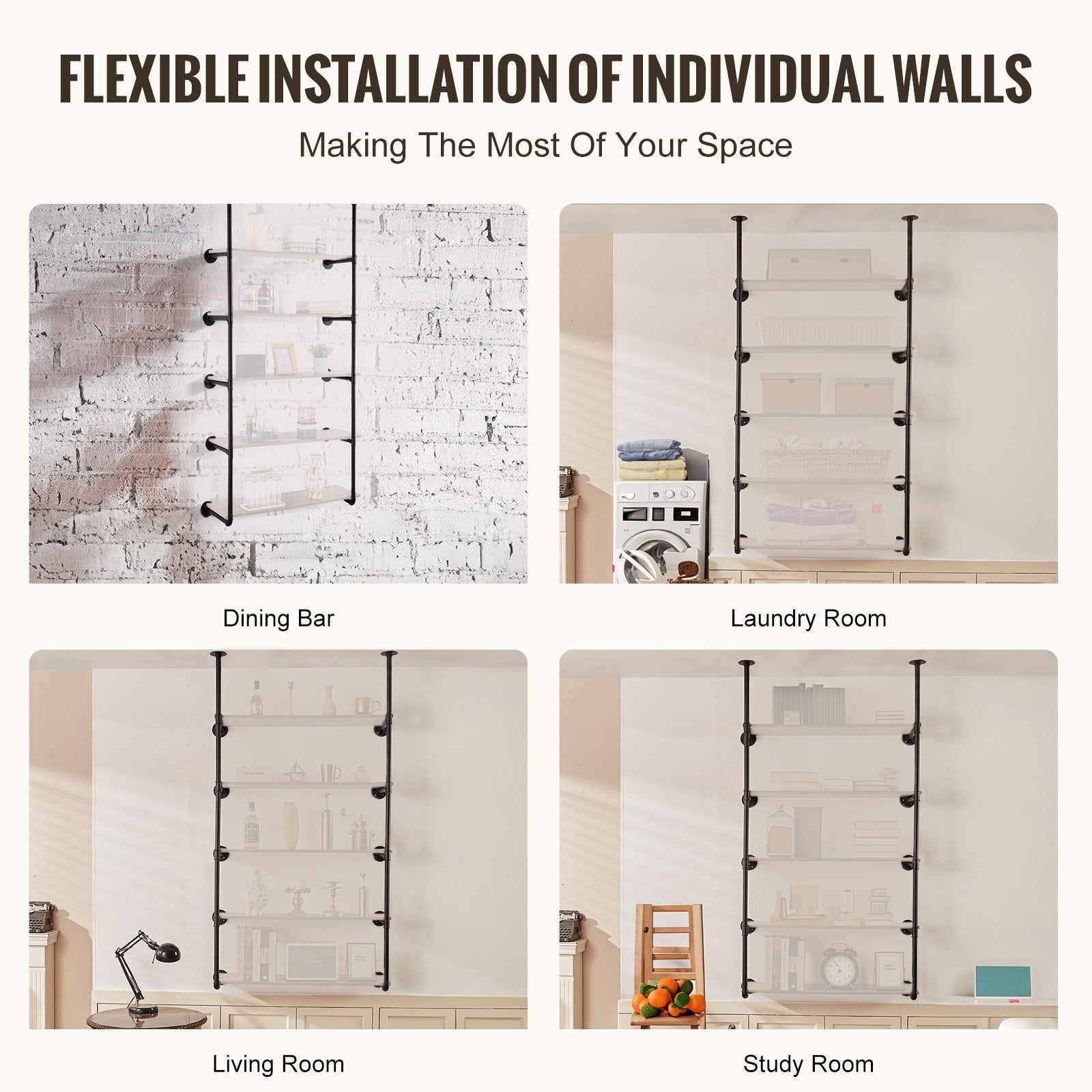 Industrial Pipe Shelf, 5 Tier 2PCS, 9.84in Applicable Board Width Wall-Mount Floating Rustic Wood Shelves V952-JSGZWJYGWMBHN3J8IV0