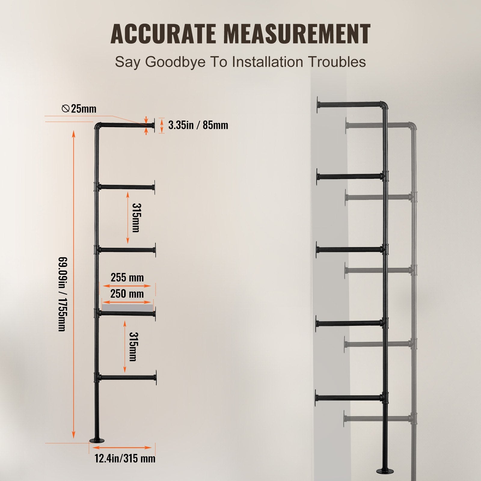 Industrial Pipe Shelf, 5 Tier 2PCS, 9.84in Applicable Board Width Wall-Mount Floating Rustic Wood Shelves V952-JSGZWJYGWMBHN3J8IV0