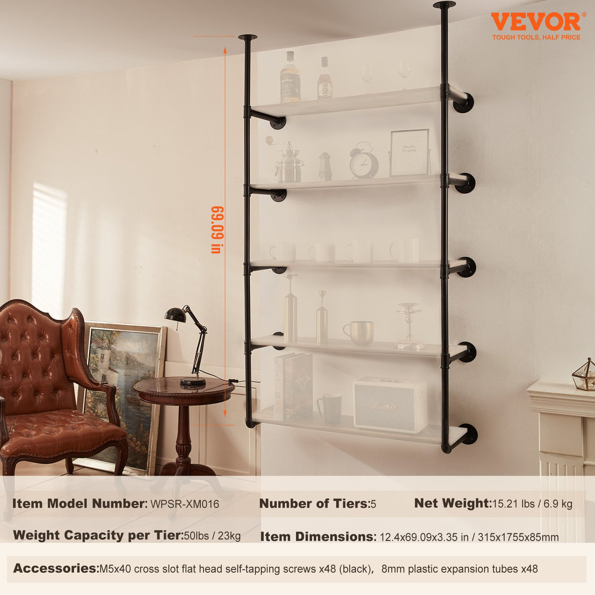 Industrial Pipe Shelf, 5 Tier 2PCS, 9.84in Applicable Board Width Wall-Mount Floating Rustic Wood Shelves V952-JSGZWJYGWMBHN3J8IV0