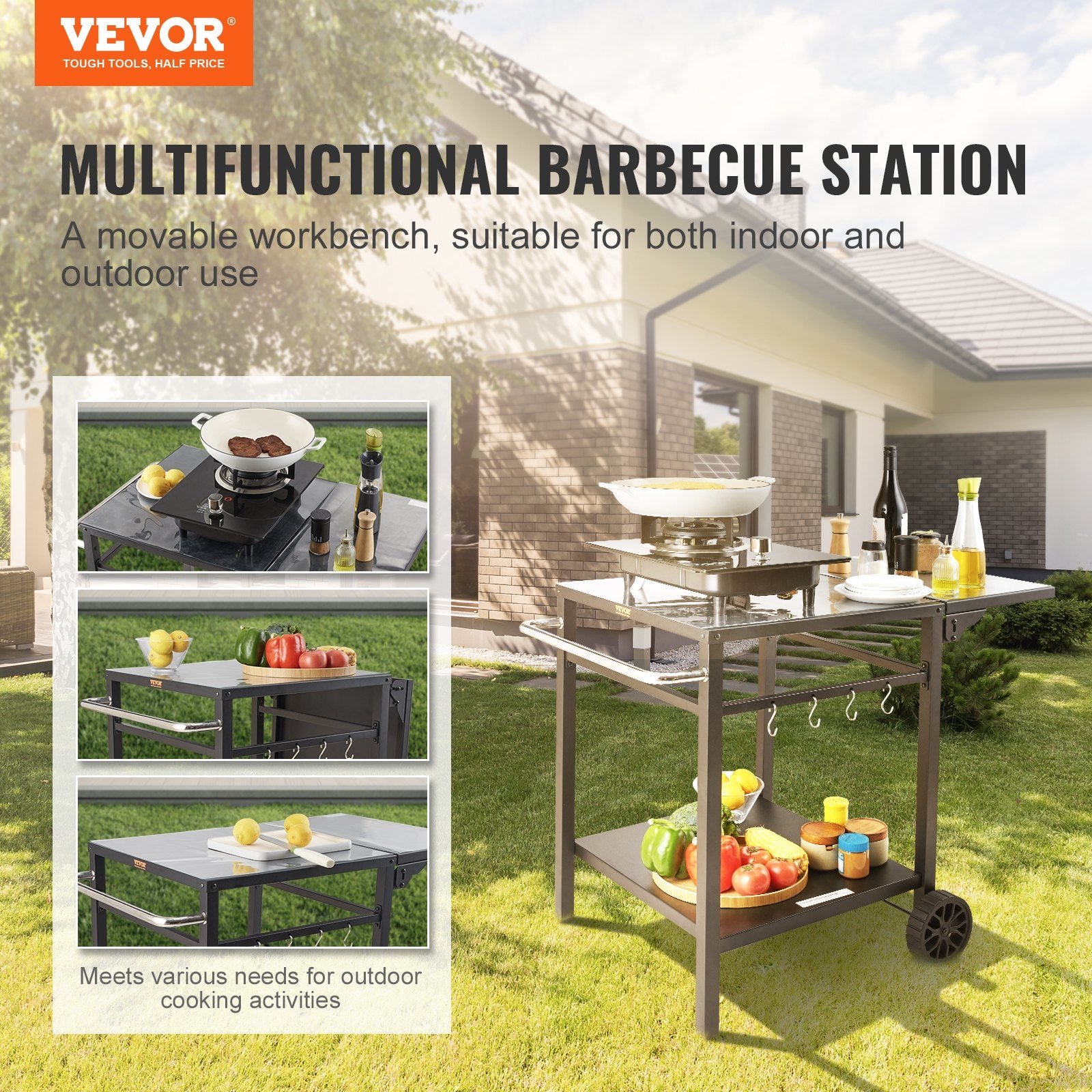 Outdoor Grill Dining Cart with Double-Shelf, 55*55cm BBQ Movable Food Prep Table, Multifunctional Foldable V952-JSHWBCTC5565WNHR1V0