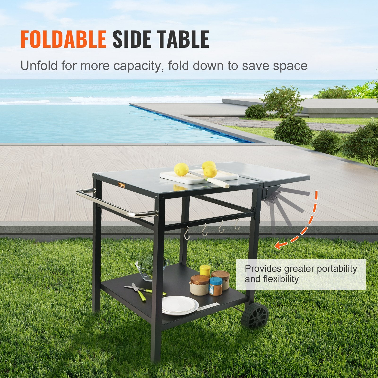 Outdoor Grill Dining Cart with Double-Shelf, 55*55cm BBQ Movable Food Prep Table, Multifunctional Foldable V952-JSHWBCTC5565WNHR1V0
