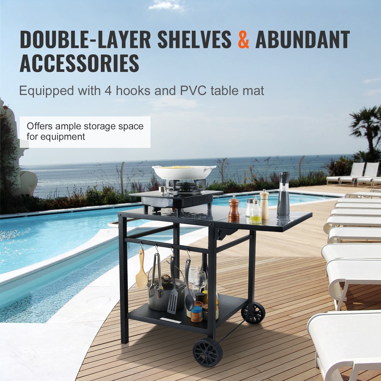 Outdoor Grill Dining Cart with Double-Shelf, 55*55cm BBQ Movable Food Prep Table, Multifunctional Foldable V952-JSHWBCTC5565WNHR1V0