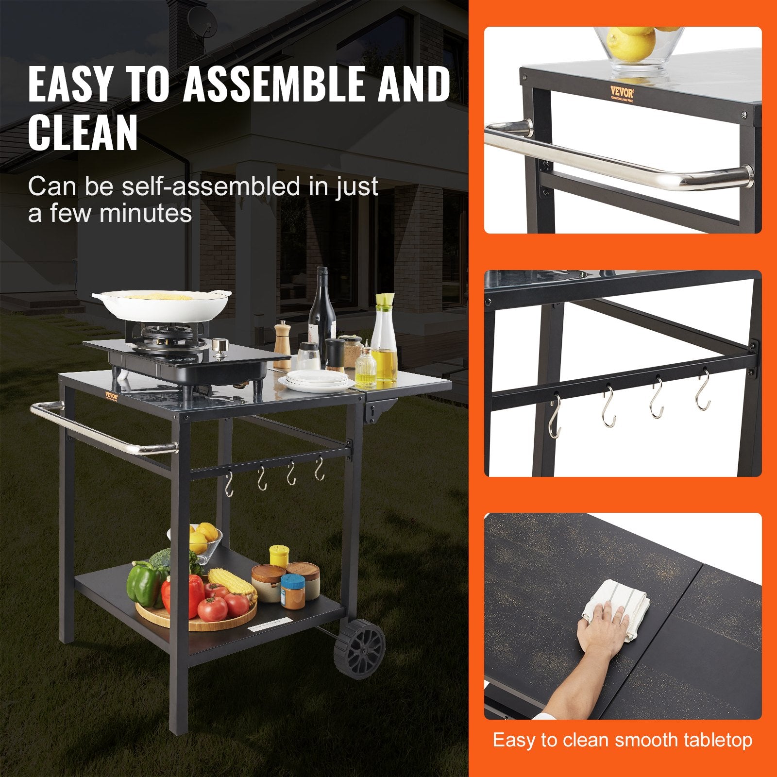 Outdoor Grill Dining Cart with Double-Shelf, 55*55cm BBQ Movable Food Prep Table, Multifunctional Foldable V952-JSHWBCTC5565WNHR1V0
