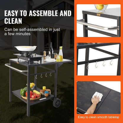 Outdoor Grill Dining Cart with Double-Shelf, 55*55cm BBQ Movable Food Prep Table, Multifunctional Foldable V952-JSHWBCTC5565WNHR1V0