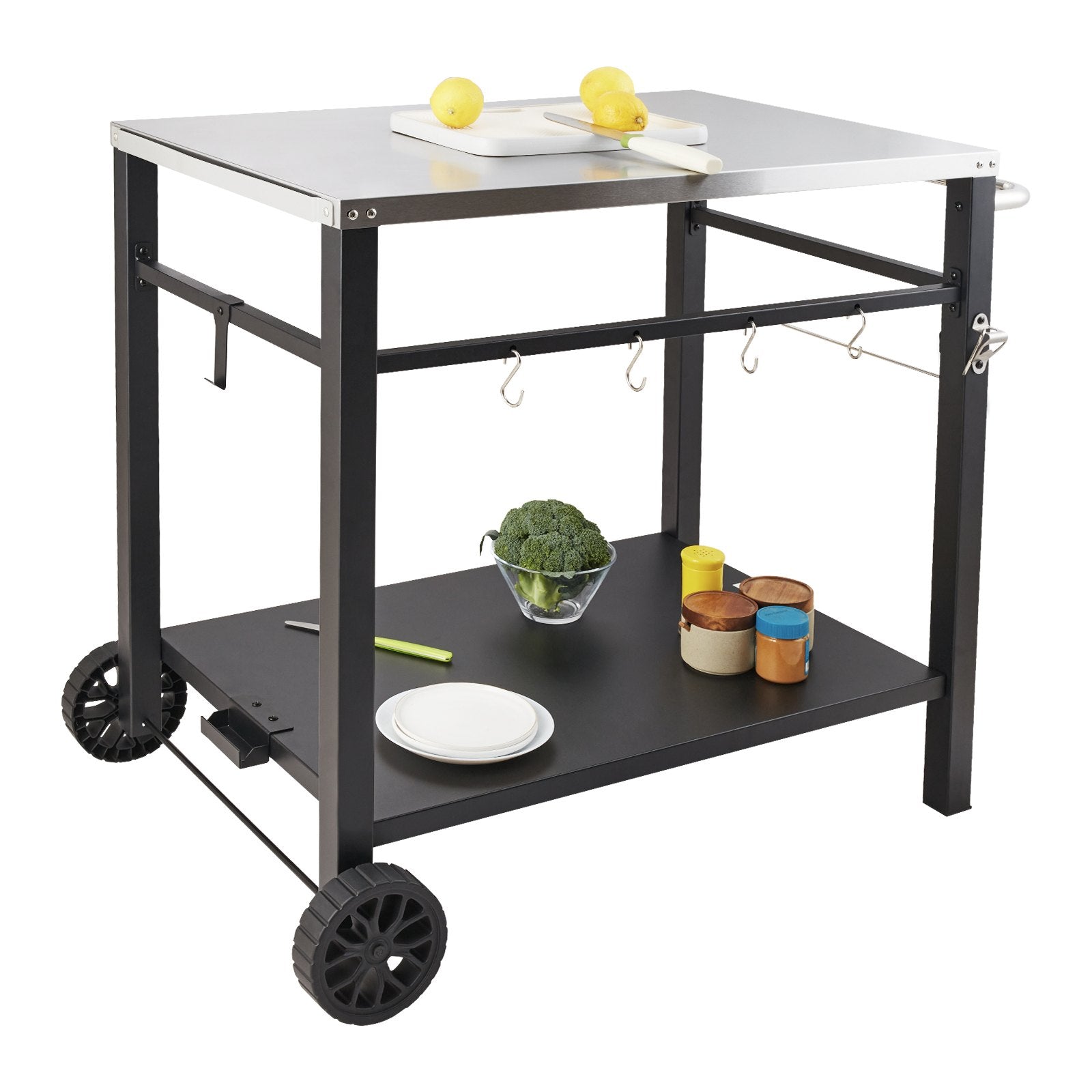 Outdoor Grill Dining Cart with Double-Shelf, 85*55cm BBQ Movable Food Prep Table, Multifunctional Stainless V952-JSHWBCTC855512MJNV0