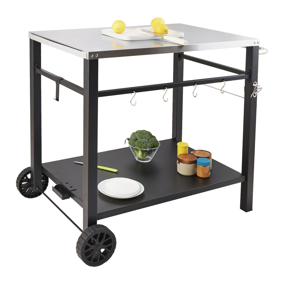Outdoor Grill Dining Cart with Double-Shelf, 85*55cm BBQ Movable Food Prep Table, Multifunctional Stainless V952-JSHWBCTC855512MJNV0