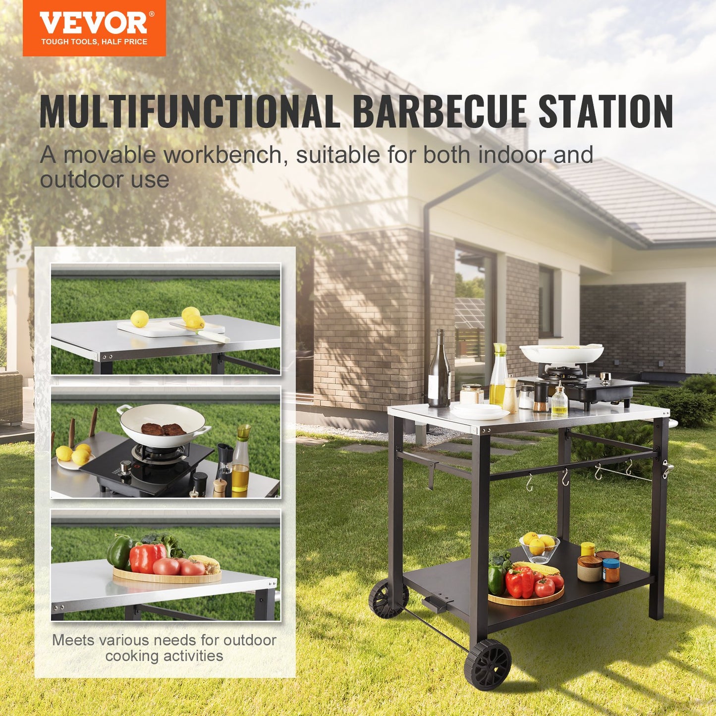 Outdoor Grill Dining Cart with Double-Shelf, 85*55cm BBQ Movable Food Prep Table, Multifunctional Stainless V952-JSHWBCTC855512MJNV0