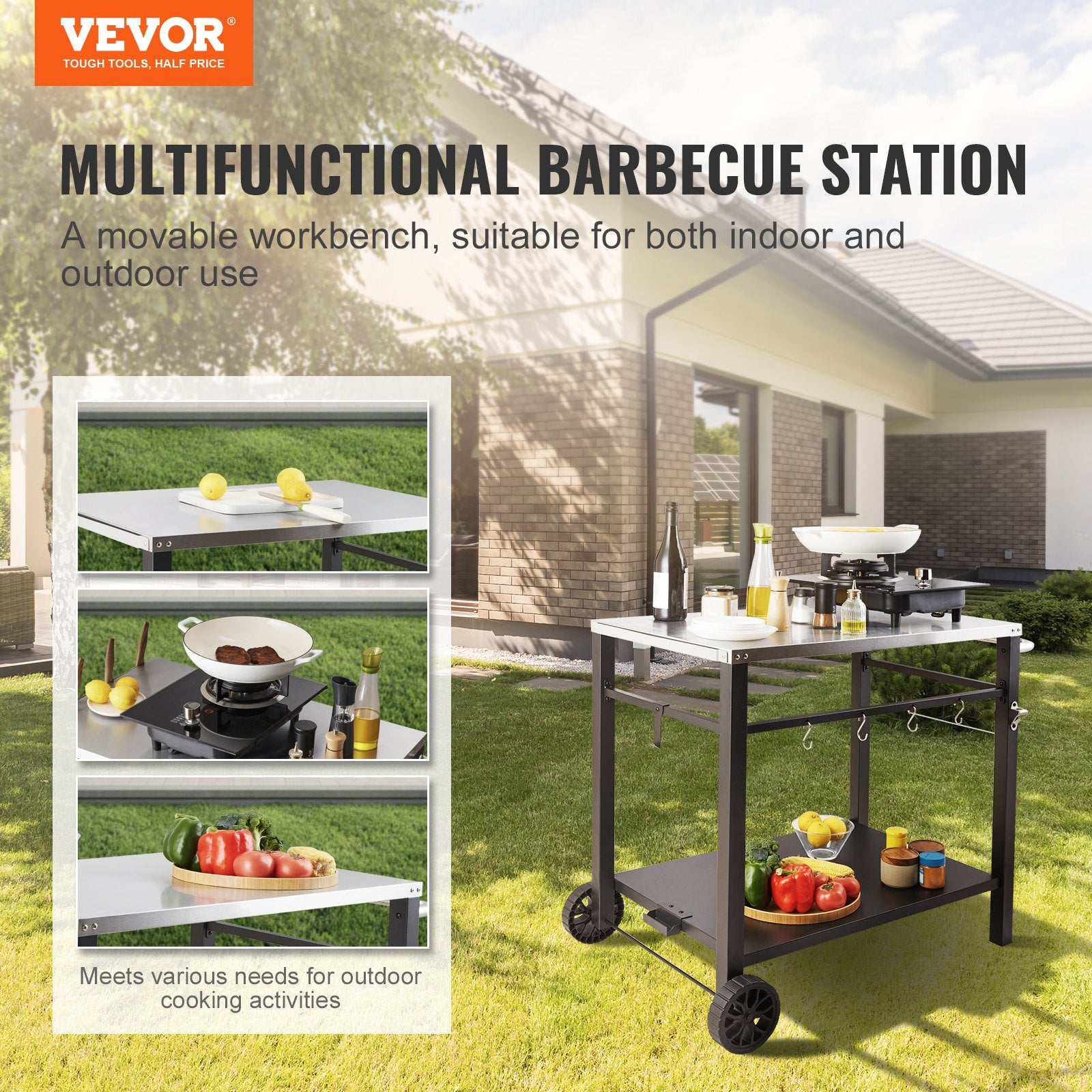 Outdoor Grill Dining Cart with Double-Shelf, 85*55cm BBQ Movable Food Prep Table, Multifunctional Stainless V952-JSHWBCTC855512MJNV0