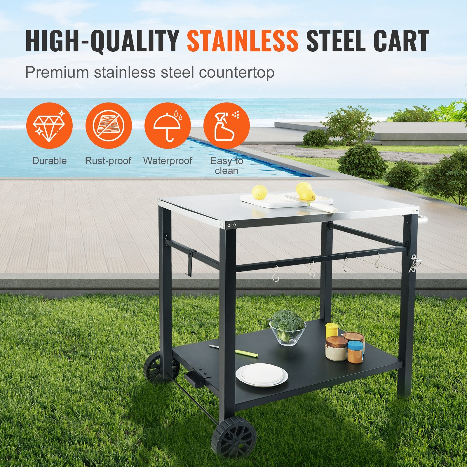 Outdoor Grill Dining Cart with Double-Shelf, 85*55cm BBQ Movable Food Prep Table, Multifunctional Stainless V952-JSHWBCTC855512MJNV0