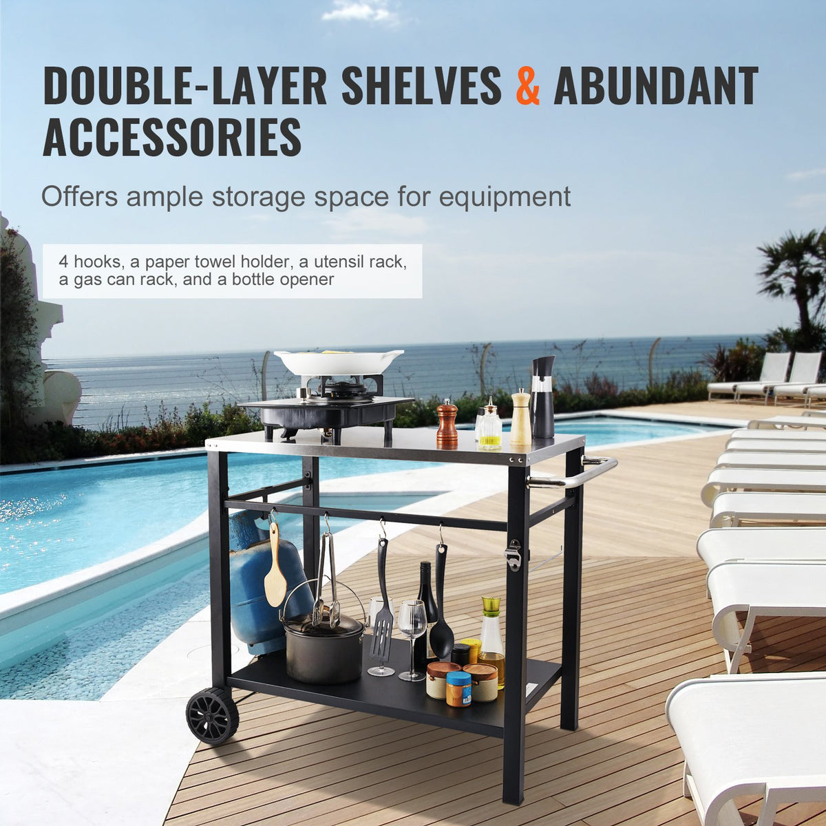 Outdoor Grill Dining Cart with Double-Shelf, 85*55cm BBQ Movable Food Prep Table, Multifunctional Stainless V952-JSHWBCTC855512MJNV0