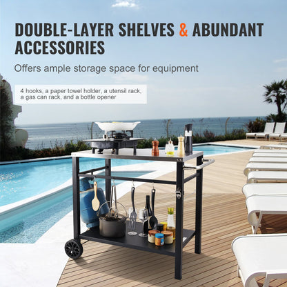 Outdoor Grill Dining Cart with Double-Shelf, 85*55cm BBQ Movable Food Prep Table, Multifunctional Stainless V952-JSHWBCTC855512MJNV0