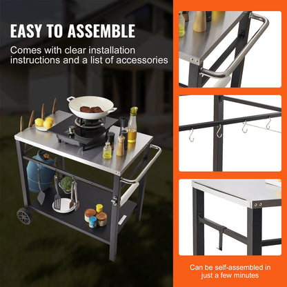 Outdoor Grill Dining Cart with Double-Shelf, 85*55cm BBQ Movable Food Prep Table, Multifunctional Stainless V952-JSHWBCTC855512MJNV0