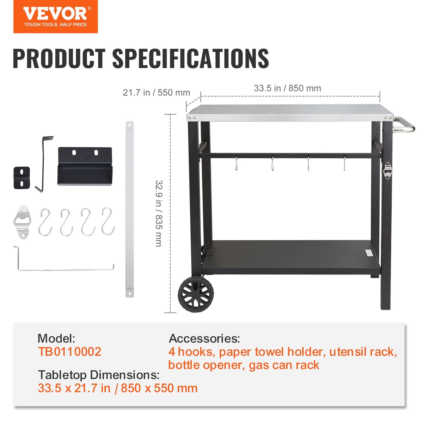 Outdoor Grill Dining Cart with Double-Shelf, 85*55cm BBQ Movable Food Prep Table, Multifunctional Stainless V952-JSHWBCTC855512MJNV0