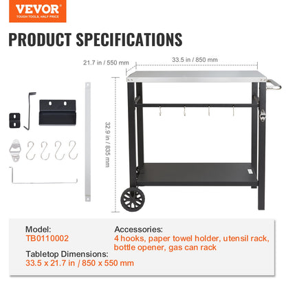 Outdoor Grill Dining Cart with Double-Shelf, 85*55cm BBQ Movable Food Prep Table, Multifunctional Stainless V952-JSHWBCTC855512MJNV0