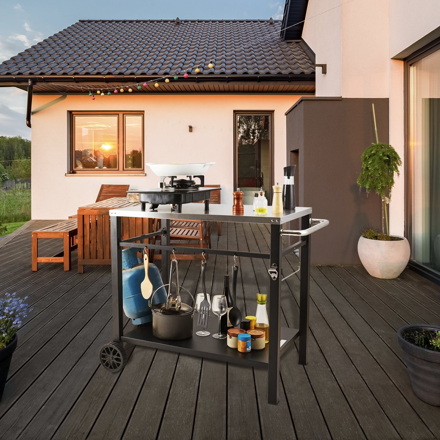Outdoor Grill Dining Cart with Double-Shelf, 85*55cm BBQ Movable Food Prep Table, Multifunctional Stainless V952-JSHWBCTC855512MJNV0