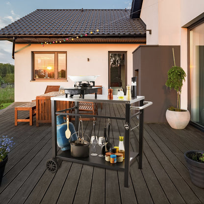 Outdoor Grill Dining Cart with Double-Shelf, 85*55cm BBQ Movable Food Prep Table, Multifunctional Stainless V952-JSHWBCTC855512MJNV0