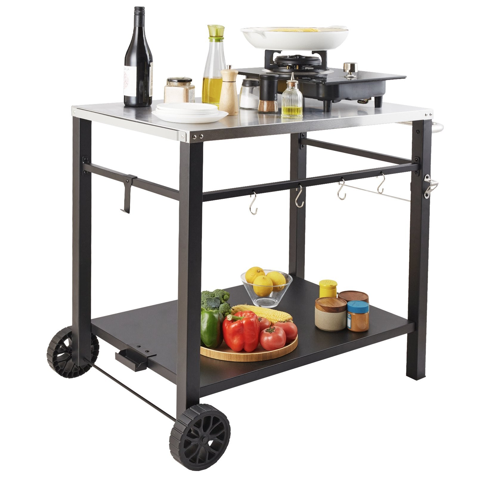 Outdoor Grill Dining Cart with Double-Shelf, 85*55cm BBQ Movable Food Prep Table, Multifunctional Stainless V952-JSHWBCTC855512MJNV0