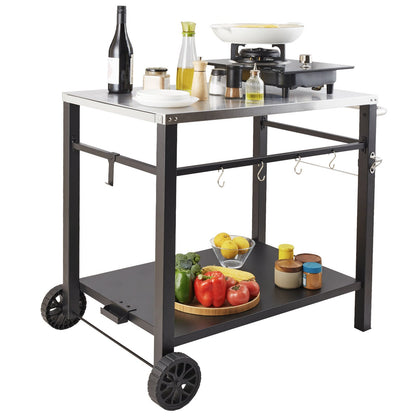 Outdoor Grill Dining Cart with Double-Shelf, 85*55cm BBQ Movable Food Prep Table, Multifunctional Stainless V952-JSHWBCTC855512MJNV0