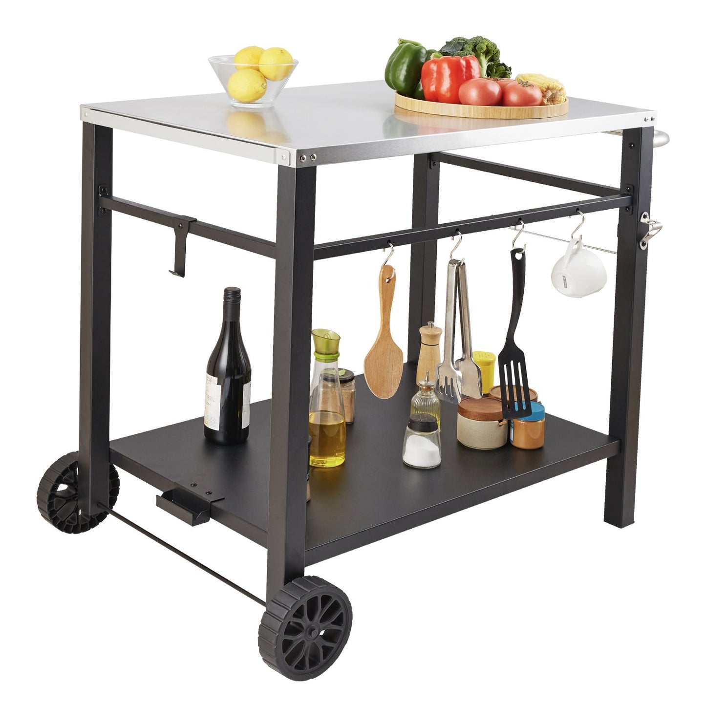 Outdoor Grill Dining Cart with Double-Shelf, 85*55cm BBQ Movable Food Prep Table, Multifunctional Stainless V952-JSHWBCTC855512MJNV0