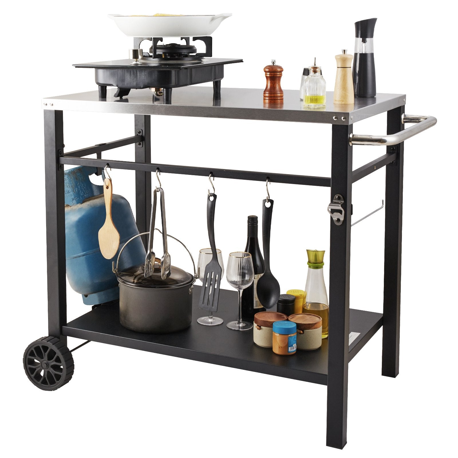 Outdoor Grill Dining Cart with Double-Shelf, 85*55cm BBQ Movable Food Prep Table, Multifunctional Stainless V952-JSHWBCTC855512MJNV0