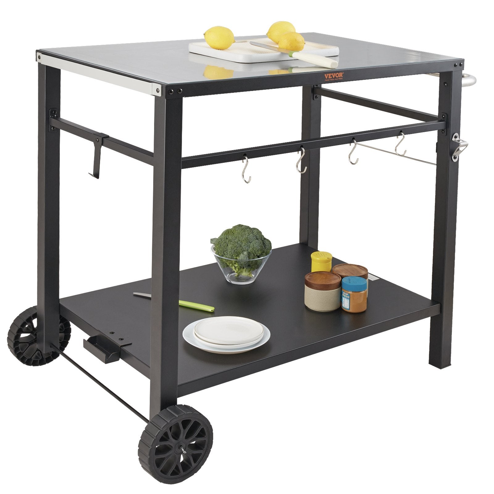 Outdoor Grill Dining Cart with Double-Shelf, 85*55cm BBQ Movable Food Prep Table, Multifunctional Iron Table V952-JSHWBCTC85551FX8BV0