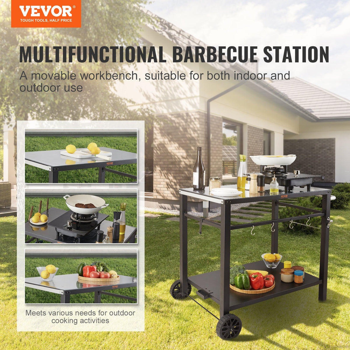 Outdoor Grill Dining Cart with Double-Shelf, 85*55cm BBQ Movable Food Prep Table, Multifunctional Iron Table V952-JSHWBCTC85551FX8BV0