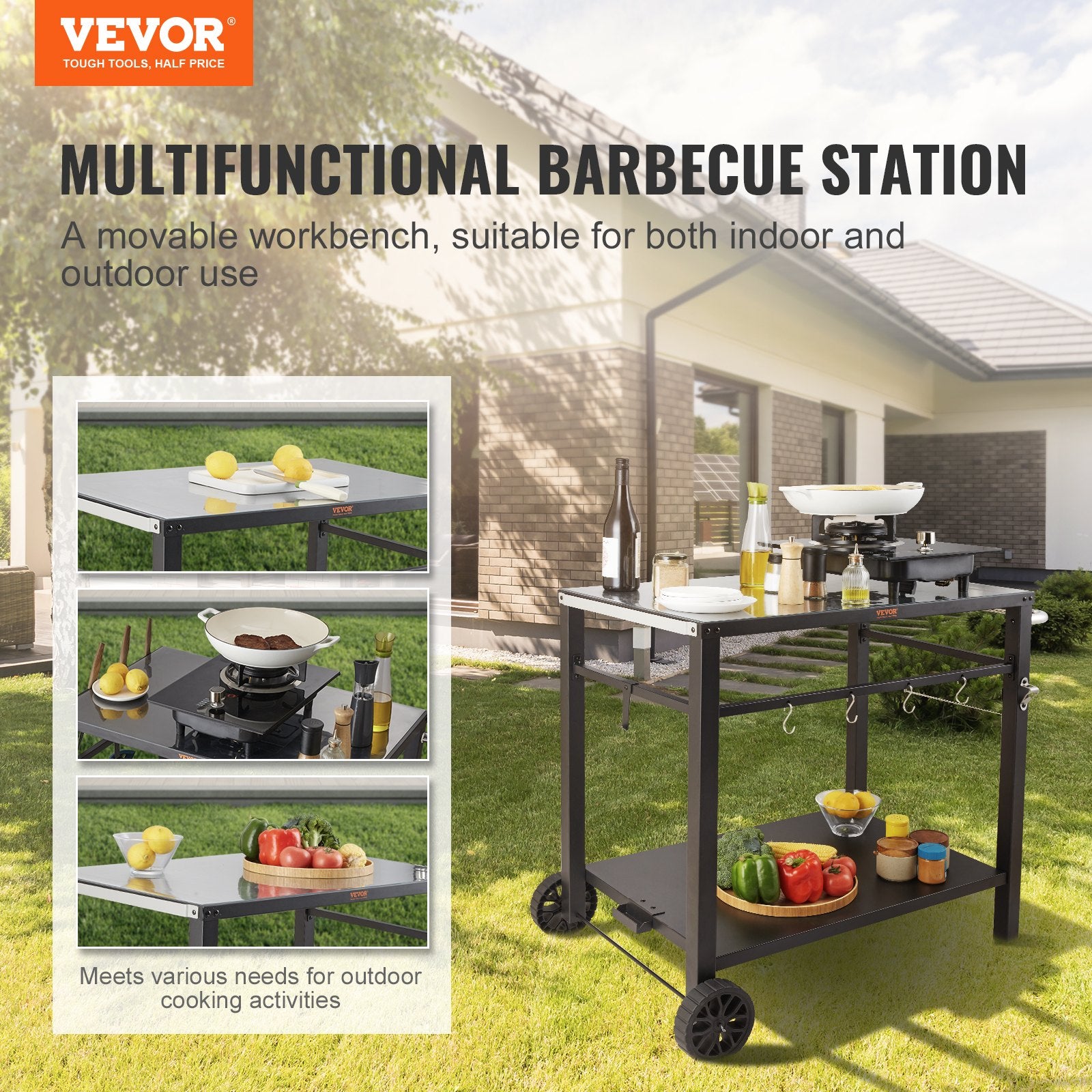 Outdoor Grill Dining Cart with Double-Shelf, 85*55cm BBQ Movable Food Prep Table, Multifunctional Iron Table V952-JSHWBCTC85551FX8BV0