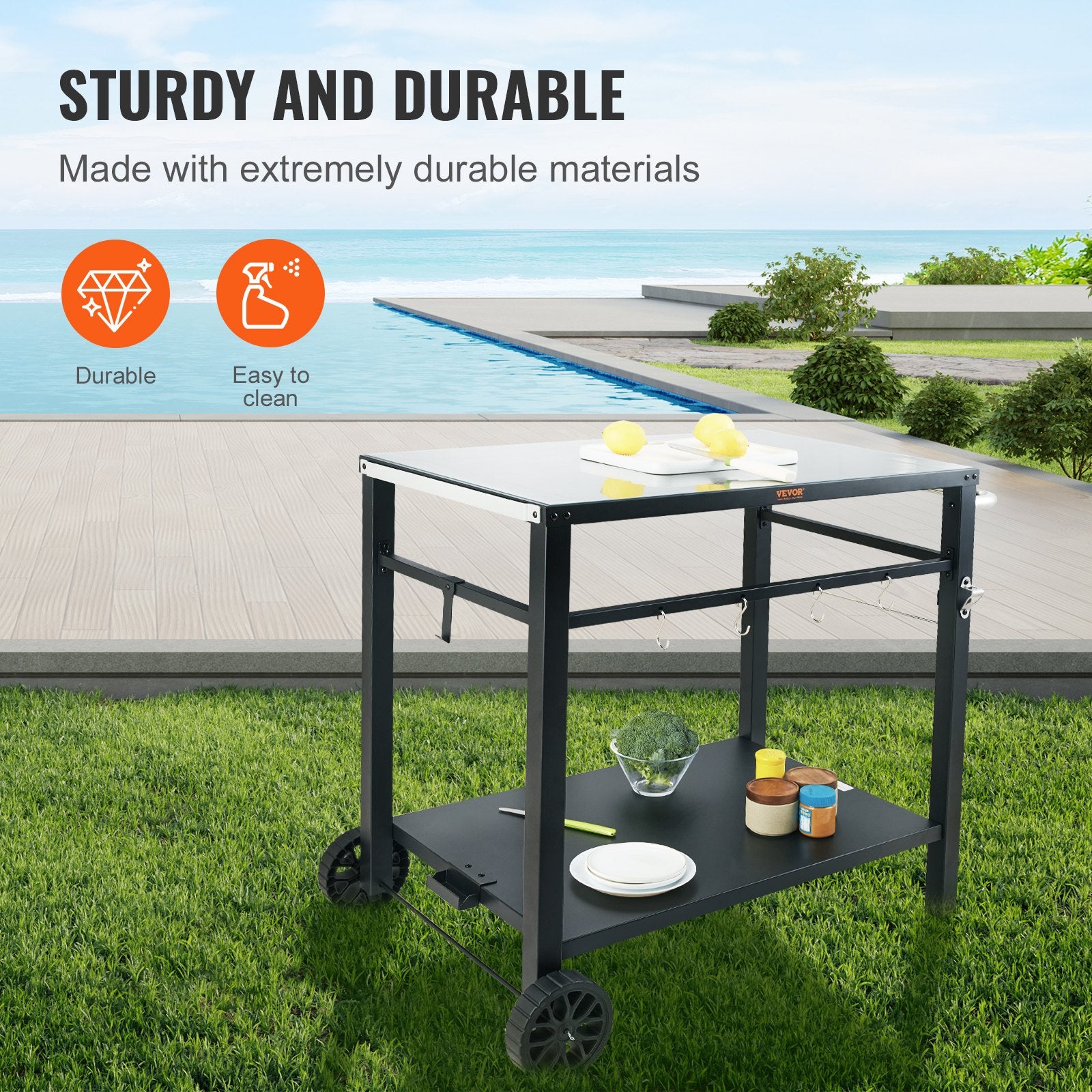 Outdoor Grill Dining Cart with Double-Shelf, 85*55cm BBQ Movable Food Prep Table, Multifunctional Iron Table V952-JSHWBCTC85551FX8BV0