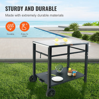 Outdoor Grill Dining Cart with Double-Shelf, 85*55cm BBQ Movable Food Prep Table, Multifunctional Iron Table V952-JSHWBCTC85551FX8BV0