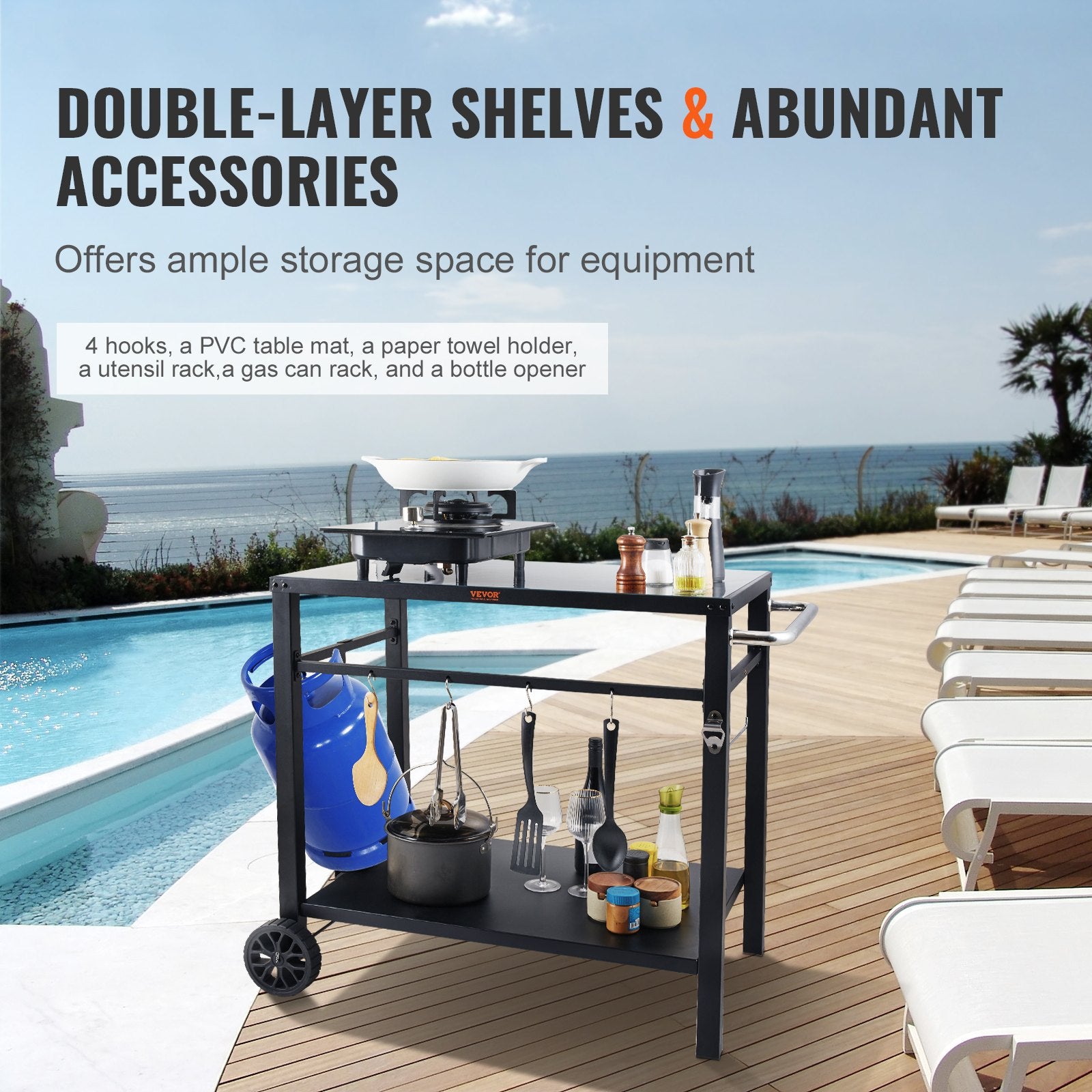 Outdoor Grill Dining Cart with Double-Shelf, 85*55cm BBQ Movable Food Prep Table, Multifunctional Iron Table V952-JSHWBCTC85551FX8BV0