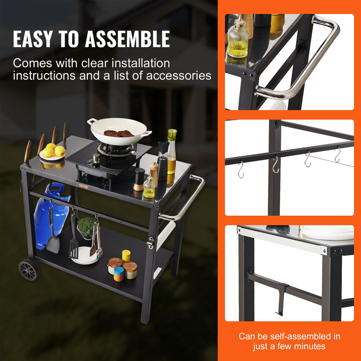 Outdoor Grill Dining Cart with Double-Shelf, 85*55cm BBQ Movable Food Prep Table, Multifunctional Iron Table V952-JSHWBCTC85551FX8BV0