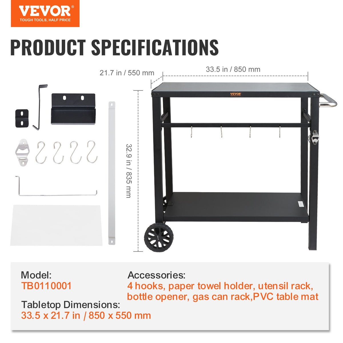Outdoor Grill Dining Cart with Double-Shelf, 85*55cm BBQ Movable Food Prep Table, Multifunctional Iron Table V952-JSHWBCTC85551FX8BV0
