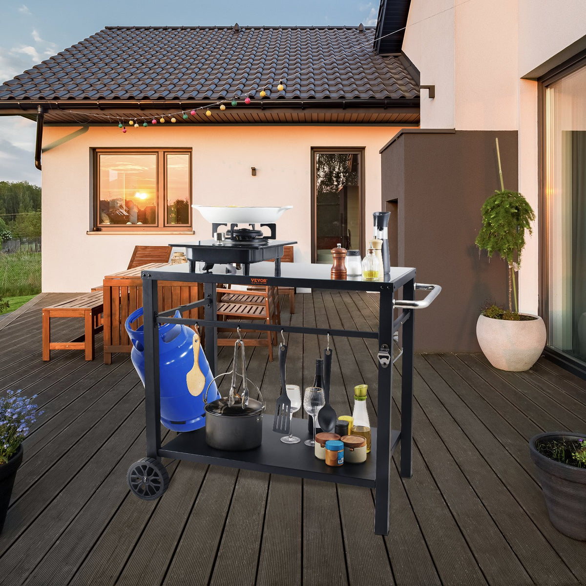 Outdoor Grill Dining Cart with Double-Shelf, 85*55cm BBQ Movable Food Prep Table, Multifunctional Iron Table V952-JSHWBCTC85551FX8BV0