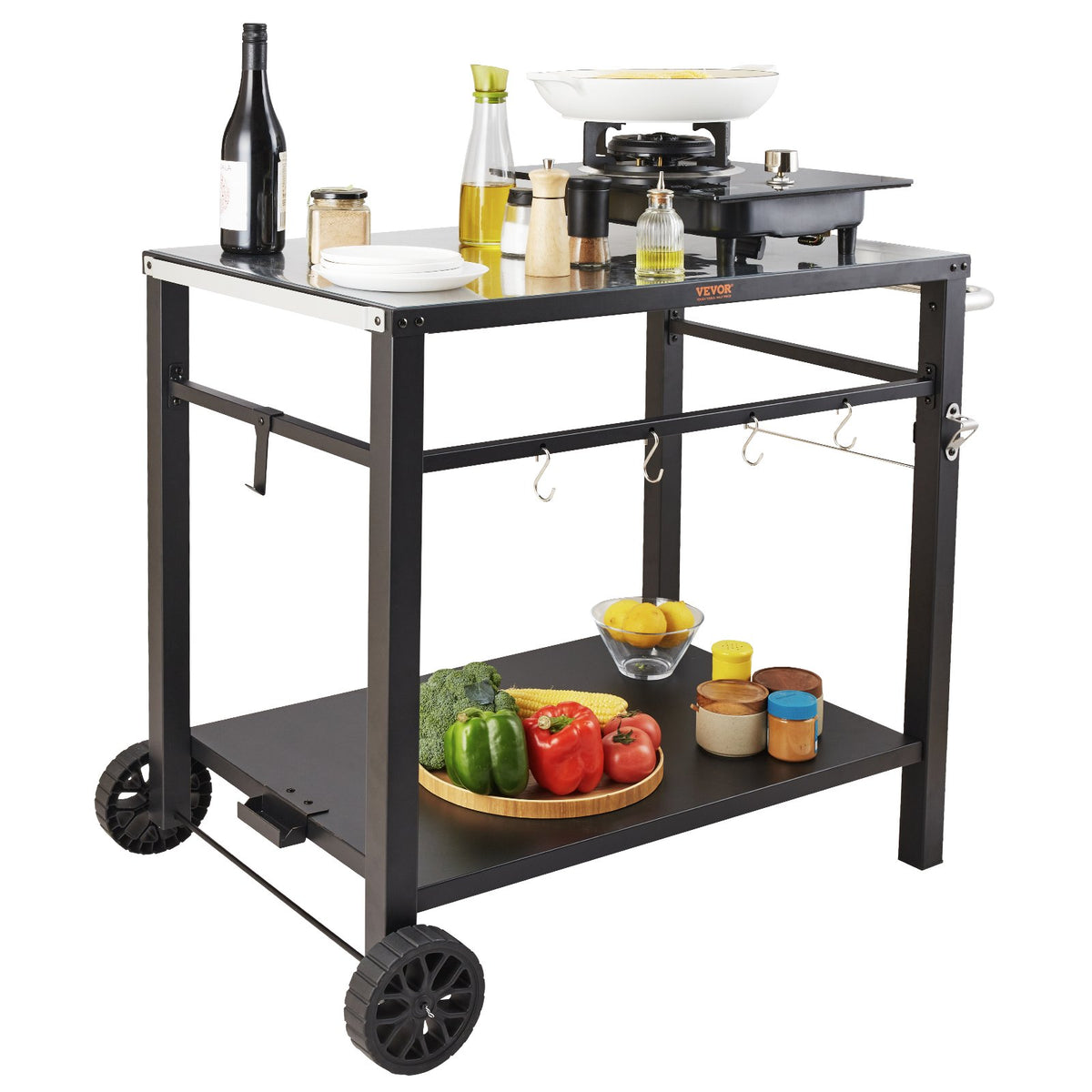 Outdoor Grill Dining Cart with Double-Shelf, 85*55cm BBQ Movable Food Prep Table, Multifunctional Iron Table V952-JSHWBCTC85551FX8BV0