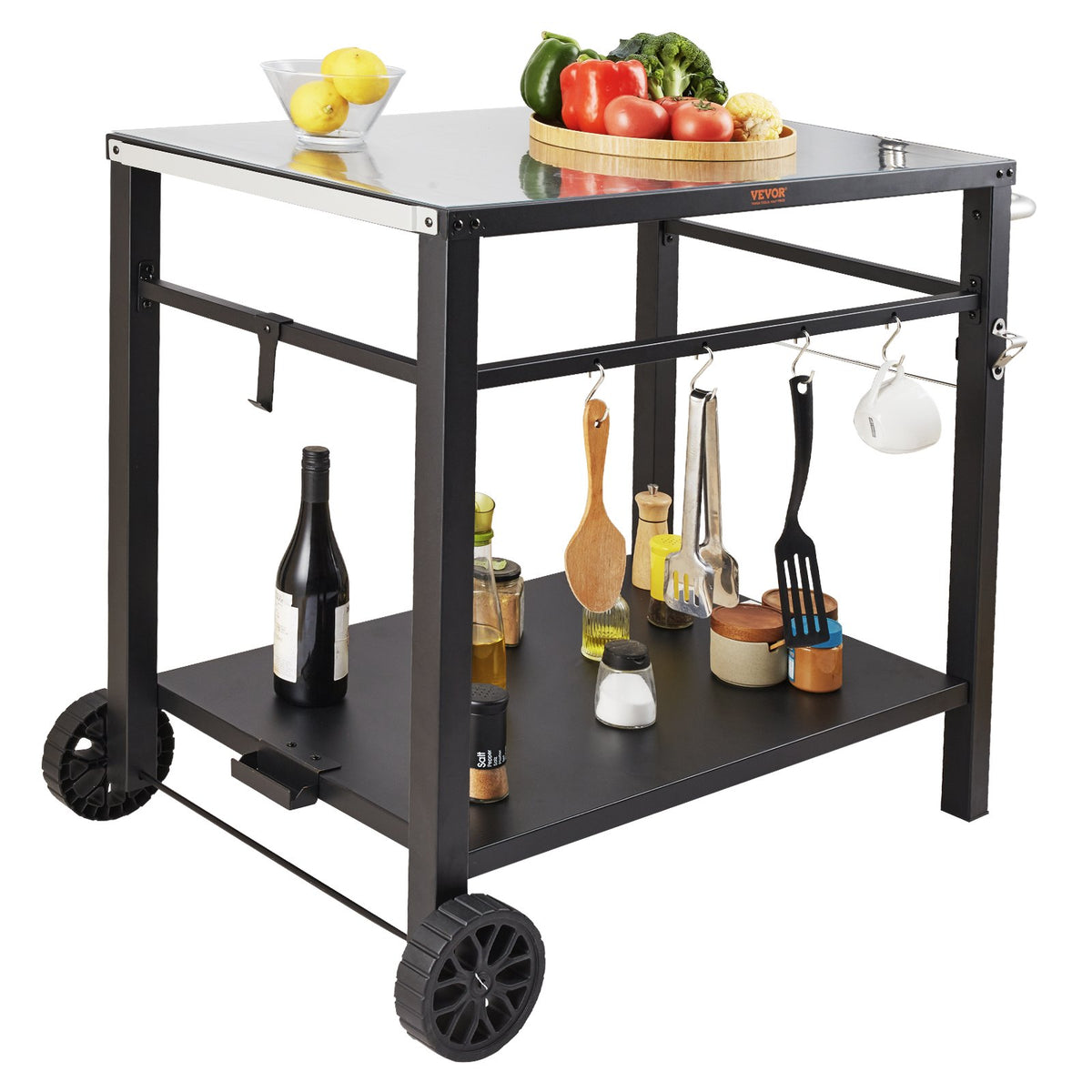 Outdoor Grill Dining Cart with Double-Shelf, 85*55cm BBQ Movable Food Prep Table, Multifunctional Iron Table V952-JSHWBCTC85551FX8BV0