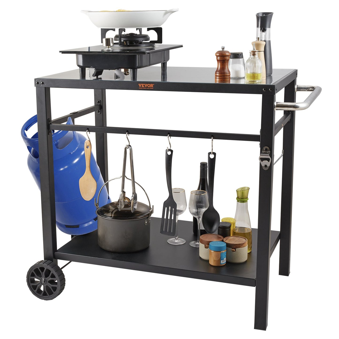 Outdoor Grill Dining Cart with Double-Shelf, 85*55cm BBQ Movable Food Prep Table, Multifunctional Iron Table V952-JSHWBCTC85551FX8BV0
