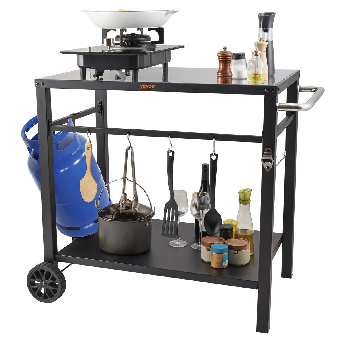 Outdoor Grill Dining Cart with Double-Shelf, 85*55cm BBQ Movable Food Prep Table, Multifunctional Iron Table V952-JSHWBCTC85551FX8BV0
