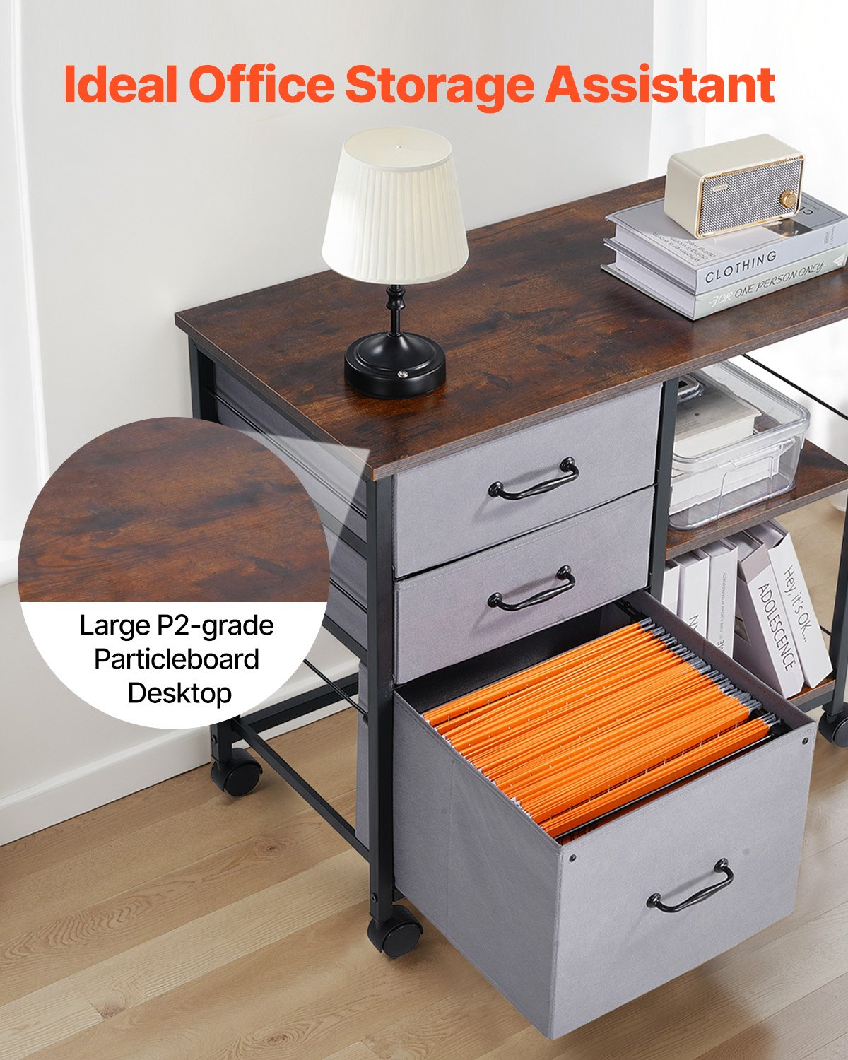 Mobile Metal File Cabinet with 3 Fabric Drawers and 2 Open Shelves Brown V952-JSHXWJGJTMZWJXFB8001V0
