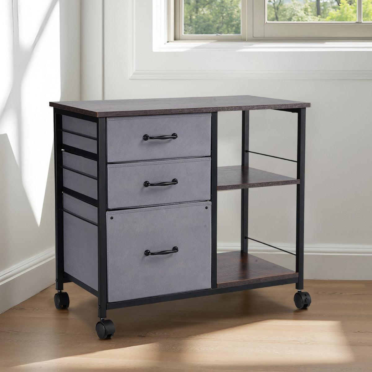 Mobile Metal File Cabinet with 3 Fabric Drawers and 2 Open Shelves Brown V952-JSHXWJGJTMZWJXFB8001V0