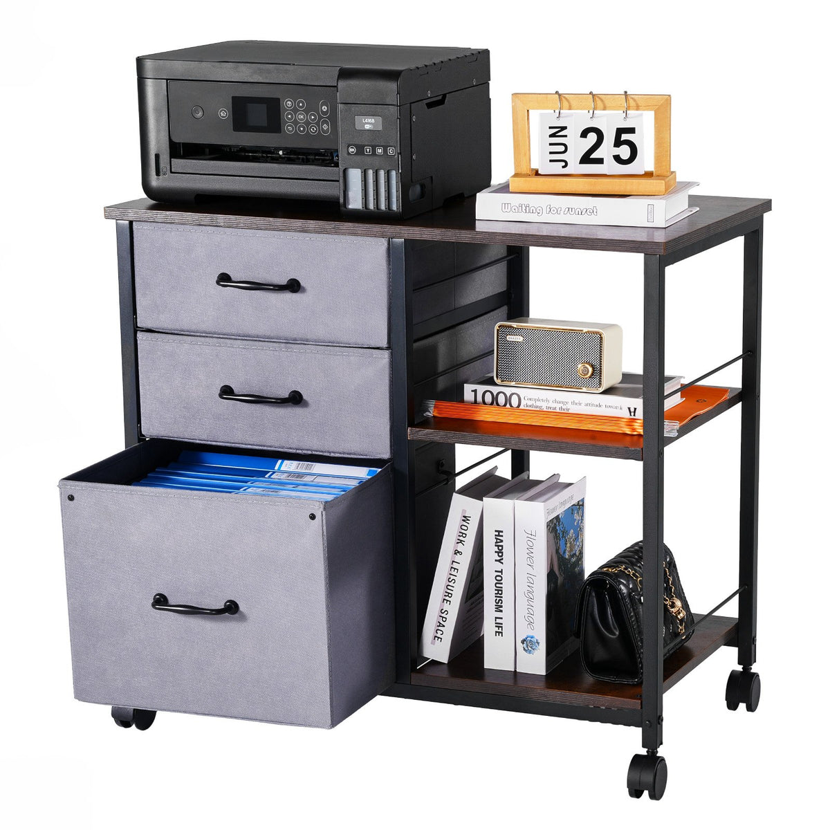 Mobile Metal File Cabinet with 3 Fabric Drawers and 2 Open Shelves Brown V952-JSHXWJGJTMZWJXFB8001V0