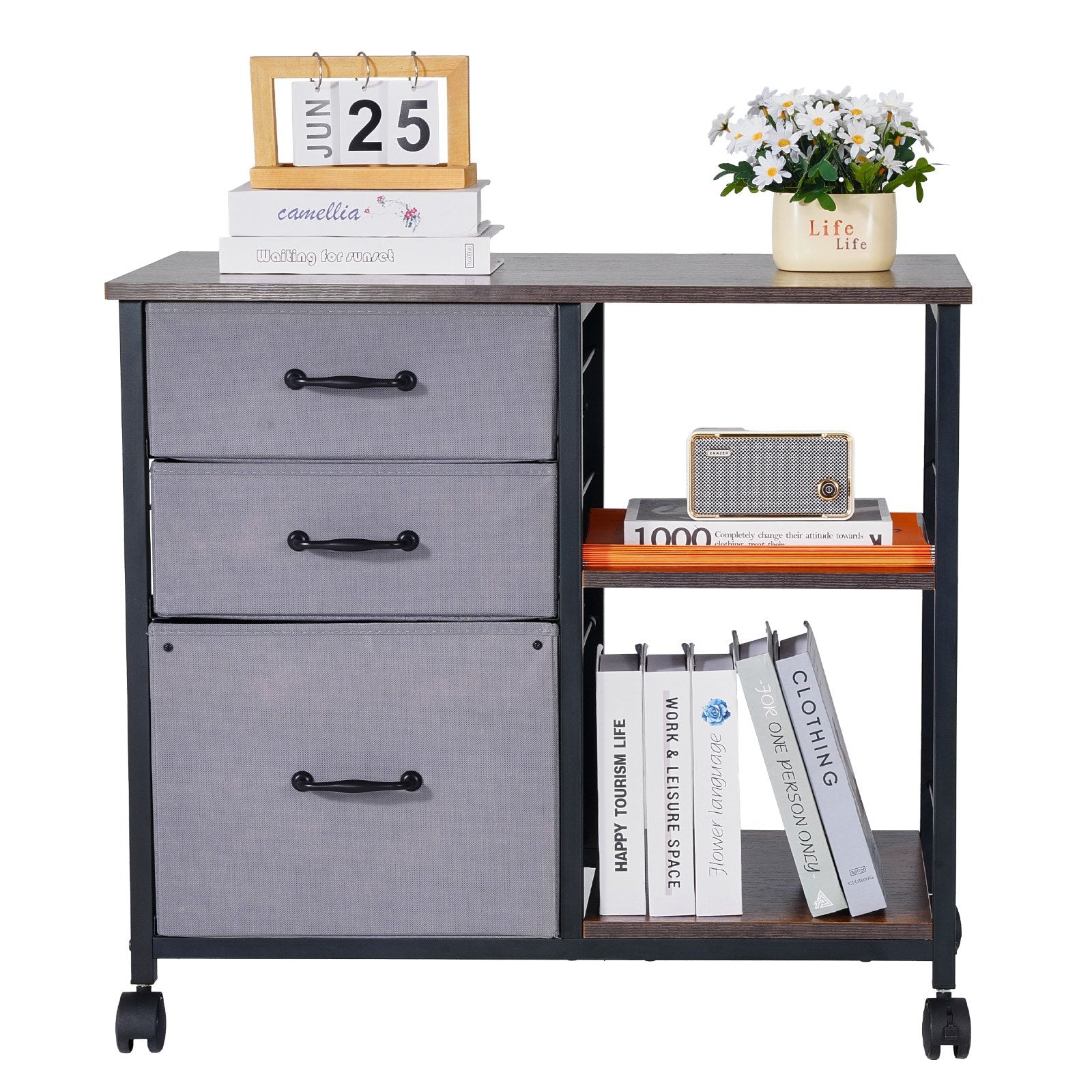 Mobile Metal File Cabinet with 3 Fabric Drawers and 2 Open Shelves Brown V952-JSHXWJGJTMZWJXFB8001V0