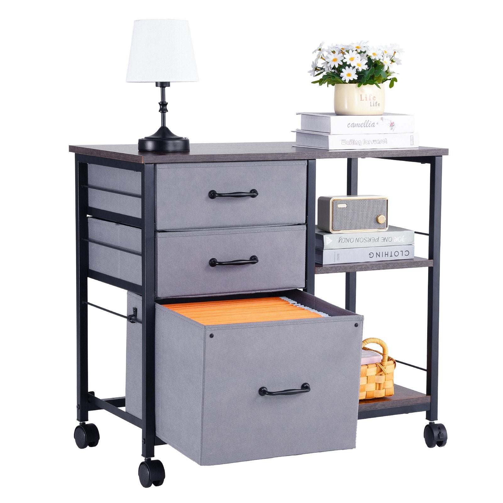 Mobile Metal File Cabinet with 3 Fabric Drawers and 2 Open Shelves Brown V952-JSHXWJGJTMZWJXFB8001V0