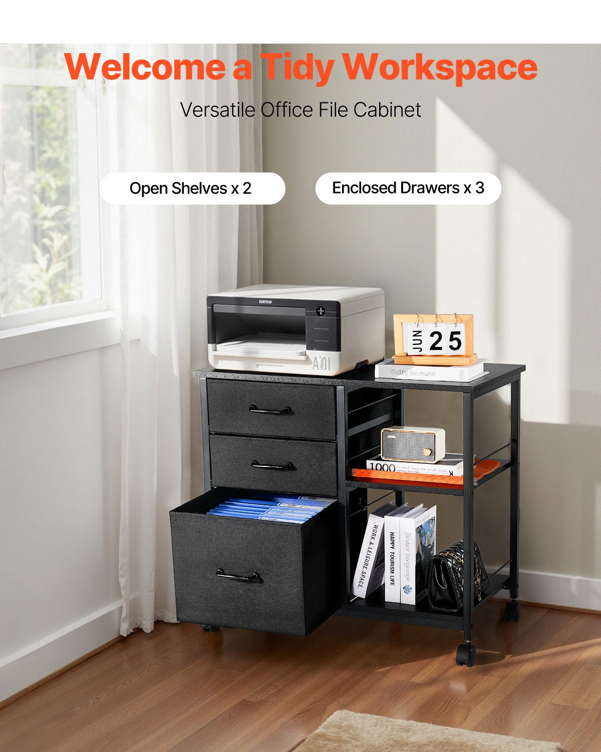 Mobile Metal File Cabinet with 3 Fabric Drawers and 2 Open Shelves Black V952-JSHXWJGJTMZWYX3KK001V0