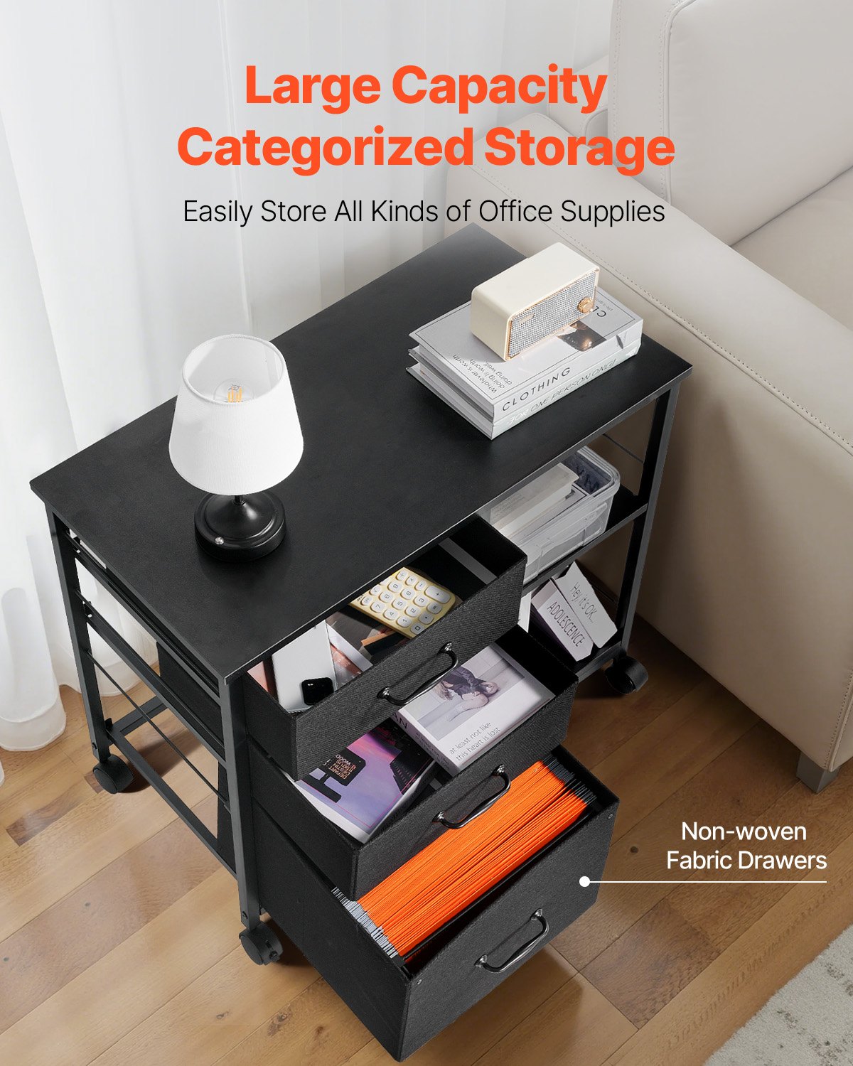 Mobile Metal File Cabinet with 3 Fabric Drawers and 2 Open Shelves Black V952-JSHXWJGJTMZWYX3KK001V0