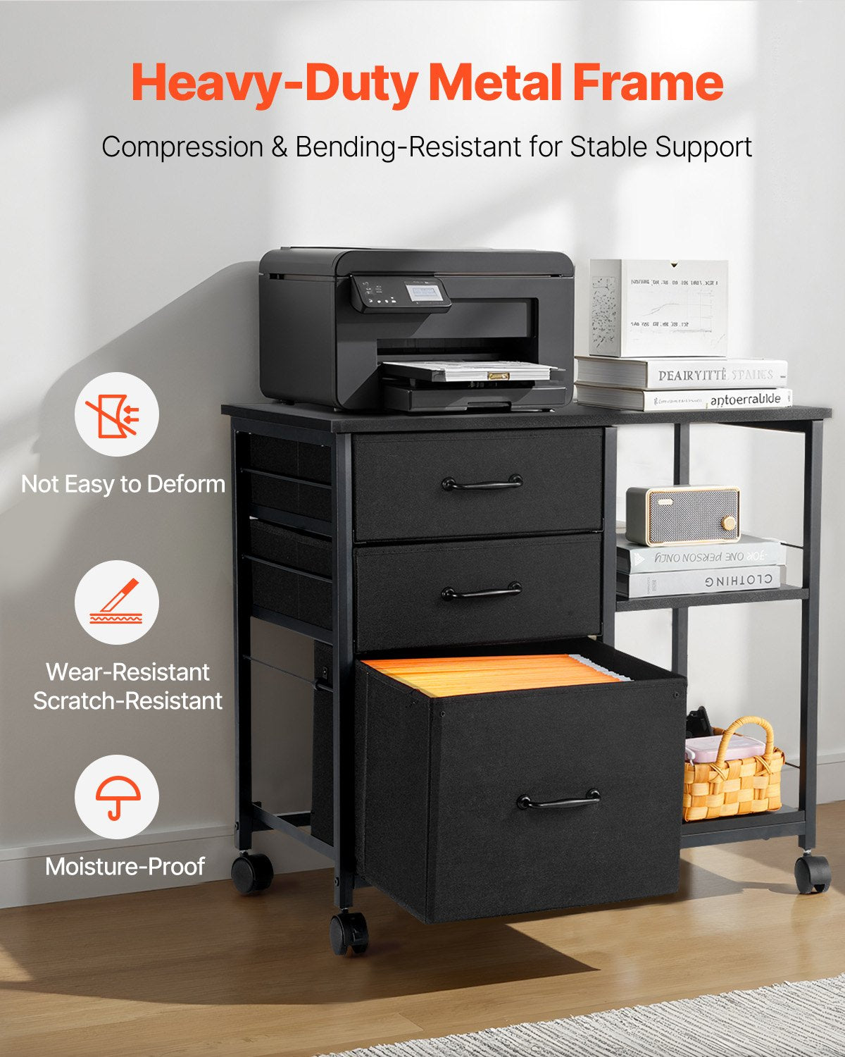 Mobile Metal File Cabinet with 3 Fabric Drawers and 2 Open Shelves Black V952-JSHXWJGJTMZWYX3KK001V0