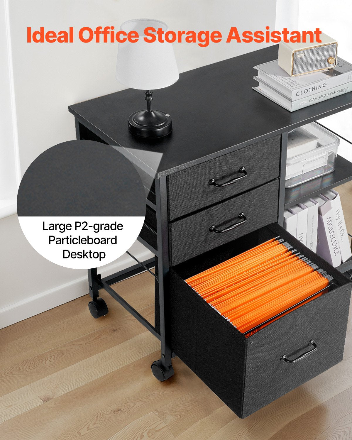 Mobile Metal File Cabinet with 3 Fabric Drawers and 2 Open Shelves Black V952-JSHXWJGJTMZWYX3KK001V0