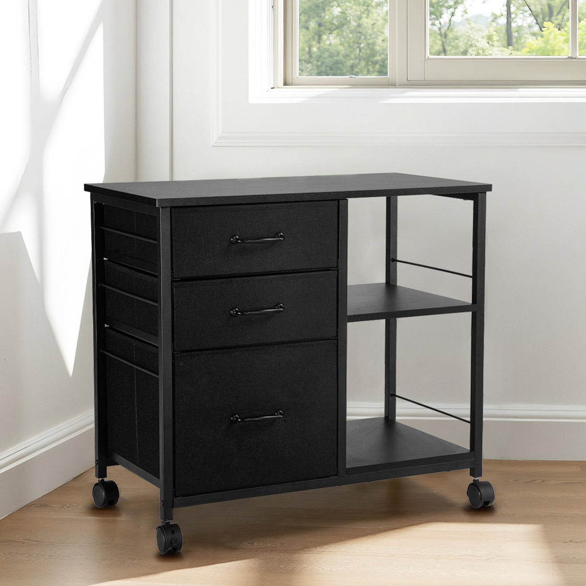 Mobile Metal File Cabinet with 3 Fabric Drawers and 2 Open Shelves Black V952-JSHXWJGJTMZWYX3KK001V0